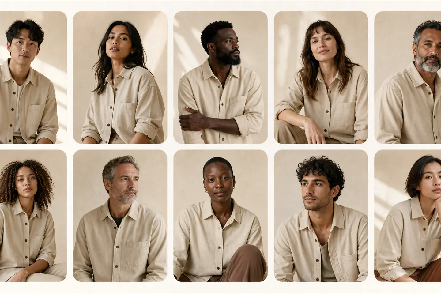 Ten adults of different ages, ethnicities and builds, each wearing a similar beige overshirt, in a grid of portraits against a warm plaster wall. AI-generated image.