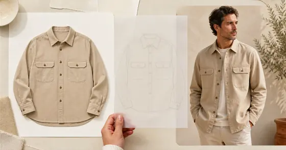 A beige overshirt laid flat, a line drawing of the same shirt, and a man wearing it. AI-generated image.