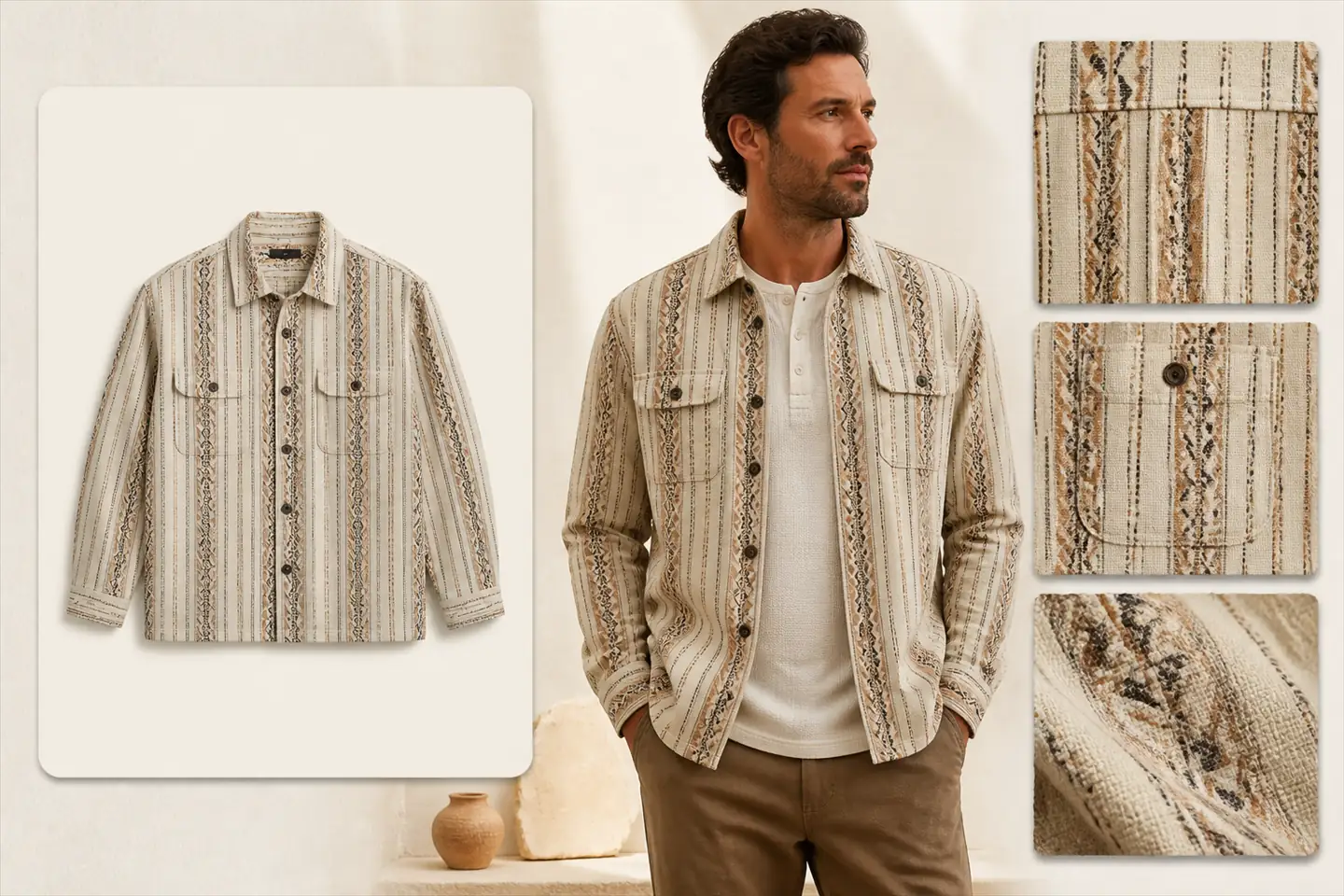 A striped jacquard overshirt shown flat, worn by a man, and in three close-ups of the stripe, the pocket and the woven texture. AI-generated image.