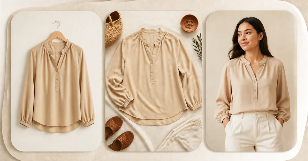 The same beige blouse shown three ways: on a hanger, styled as a flat lay, and worn by a model.