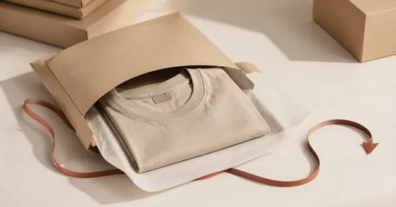 A folded beige t-shirt in an opened kraft mailer, with a terracotta arrow curving back towards the sender.