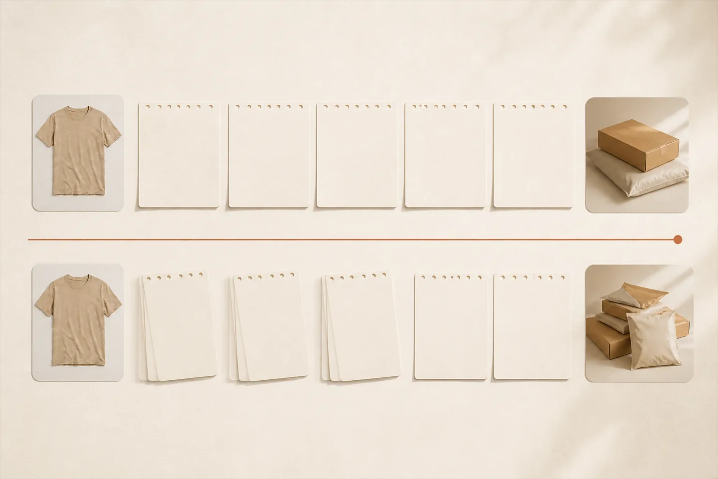 Two rows of identical product cards running left to right across a blank calendar, one row ending in a single returned parcel and the other in a stack of them.