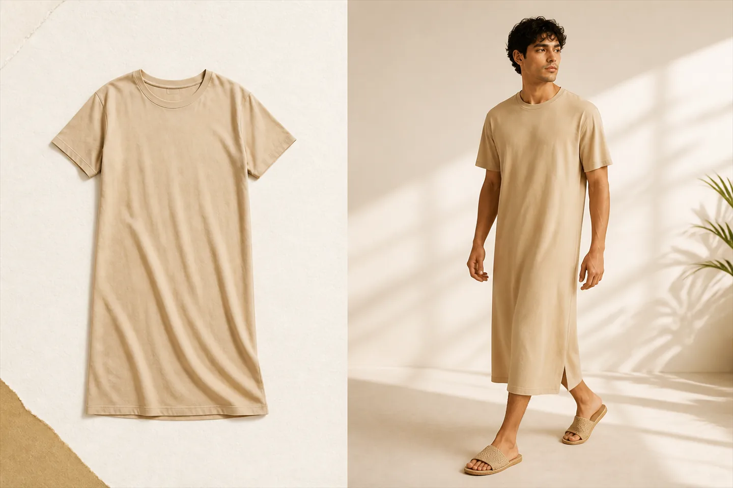 The same beige t-shirt dress photographed flat on a paper background, and worn by a model mid-stride so the hem length and drape are visible.