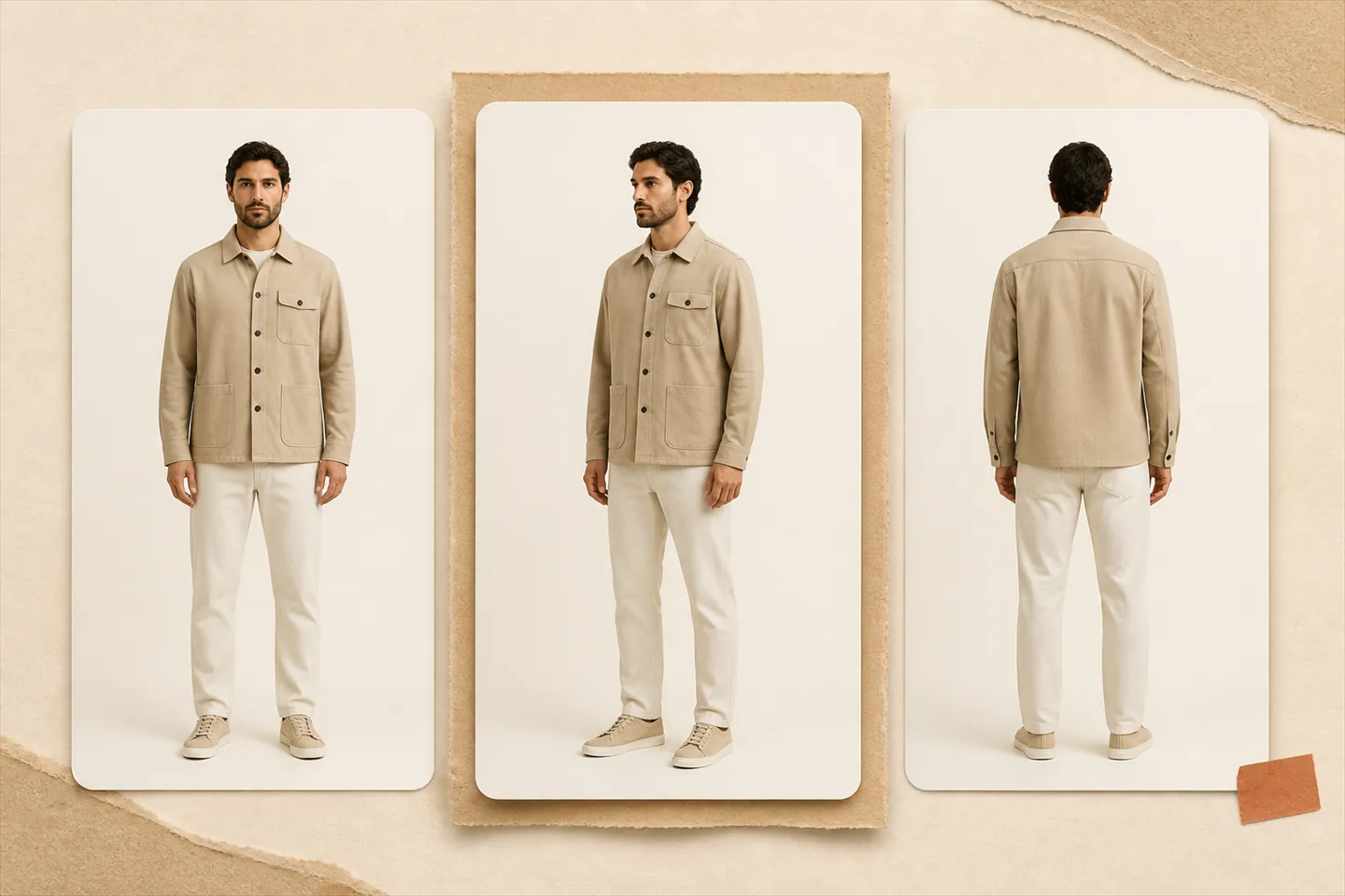 Three full-length photographs of the same beige overshirt on a model: straight-on front, three-quarter turn, and back view, with the front view marked as the chosen source.