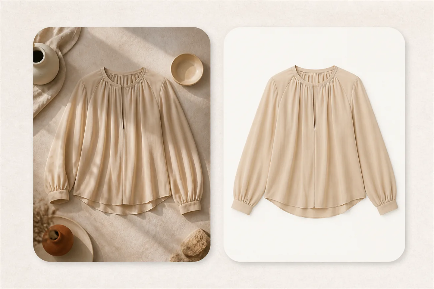 The same cream blouse photographed twice: once styled among ceramic vessels and hard shadows, once alone on a plain pale background.