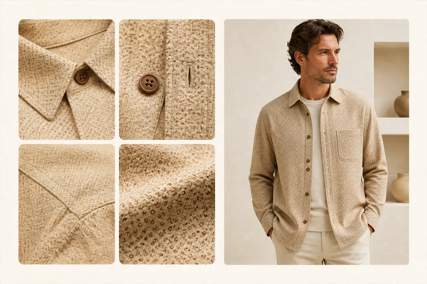 Four close crops of a textured beige overshirt showing collar, button and buttonhole, shoulder seam and fabric weave, beside the full garment worn by a model.