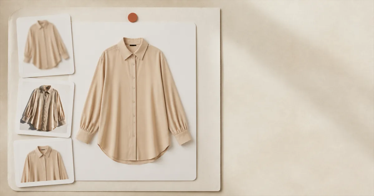 A beige silk shirt laid flat and square on a pale board, with three alternative shots of the same shirt pinned in a column beside it.