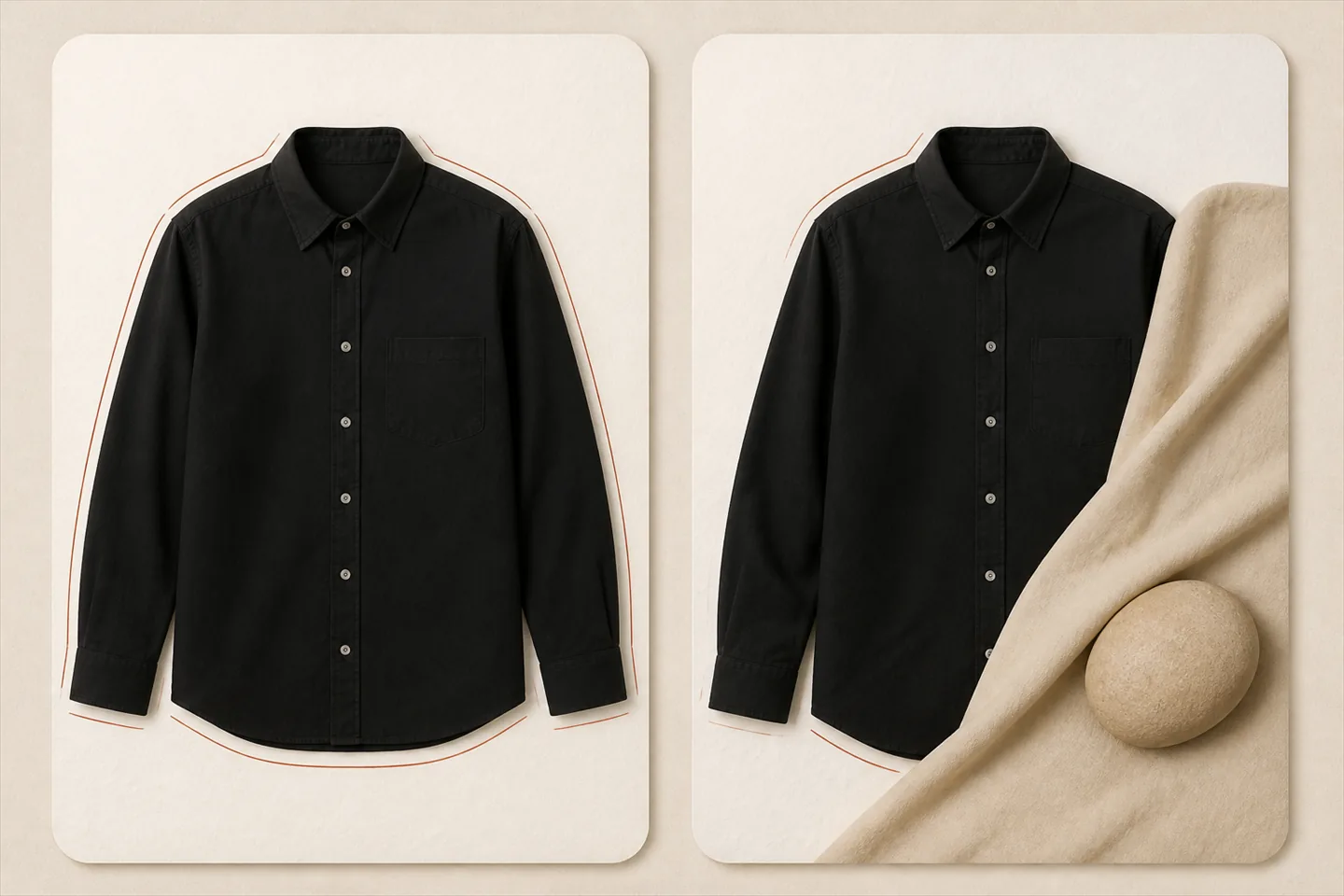 Two photographs of the same black shirt, its silhouette traced in a thin terracotta line. In the first the whole outline is visible; in the second a draped cloth covers part of the hem and one cuff.