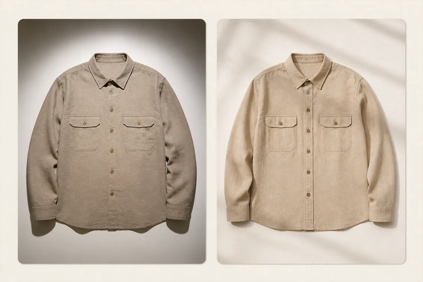 A beige overshirt lit by a single hard spotlight with dark falloff at the edges, beside the same overshirt in even, diffuse daylight.