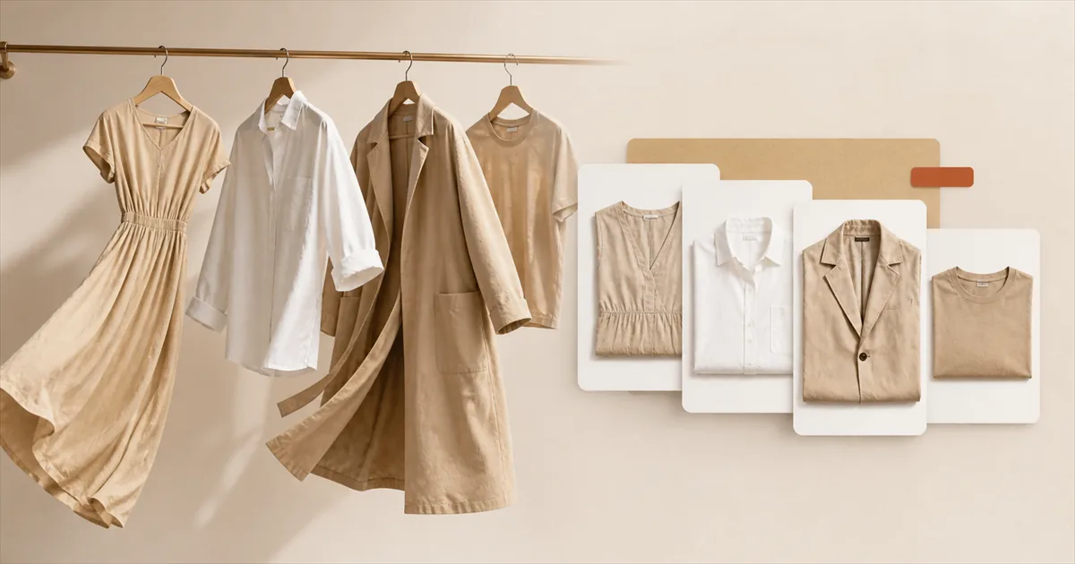 A rail of hanging garments beside a stack of the same pieces photographed flat, one card pulled forward with a terracotta marker.