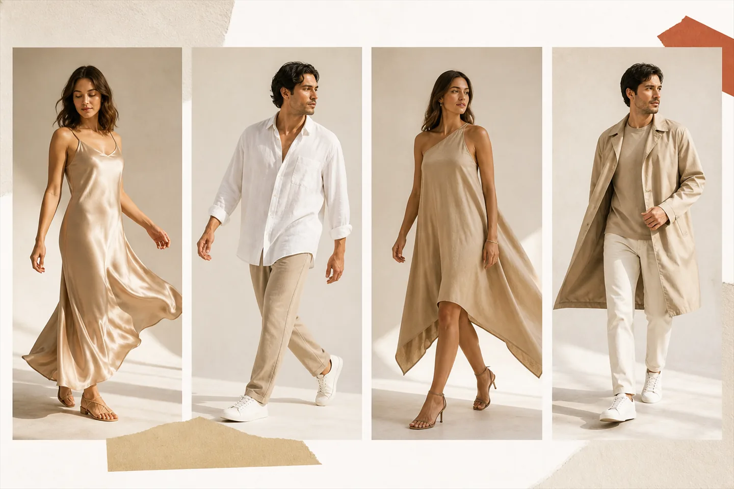 Four models walking in a satin slip dress, an oversized linen shirt, an asymmetric-hem dress and an open trench coat, each garment moving away from the body.