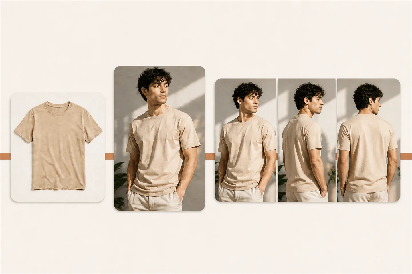 A flat-lay t-shirt on the left, then the same shirt on a model as a single still, then three motion frames of that model turning.