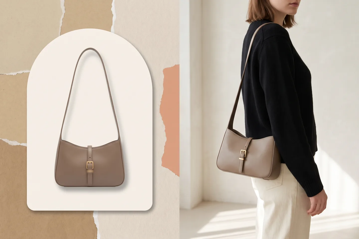 AI model video for accessories: a taupe leather shoulder bag photographed with its strap fully extended, beside the same bag worn on a shoulder so its real size against the body is obvious.