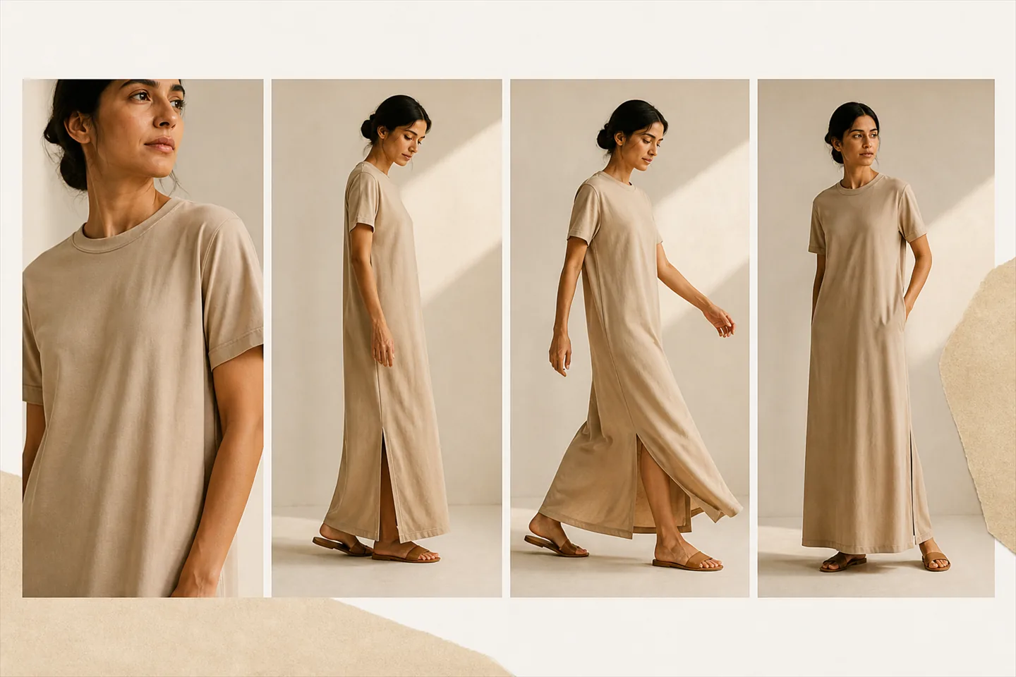 AI model video for apparel: four frames of the same beige maxi t-shirt dress, shown as a close fabric detail, from the side, mid-walk with the side split opening, and from the front.