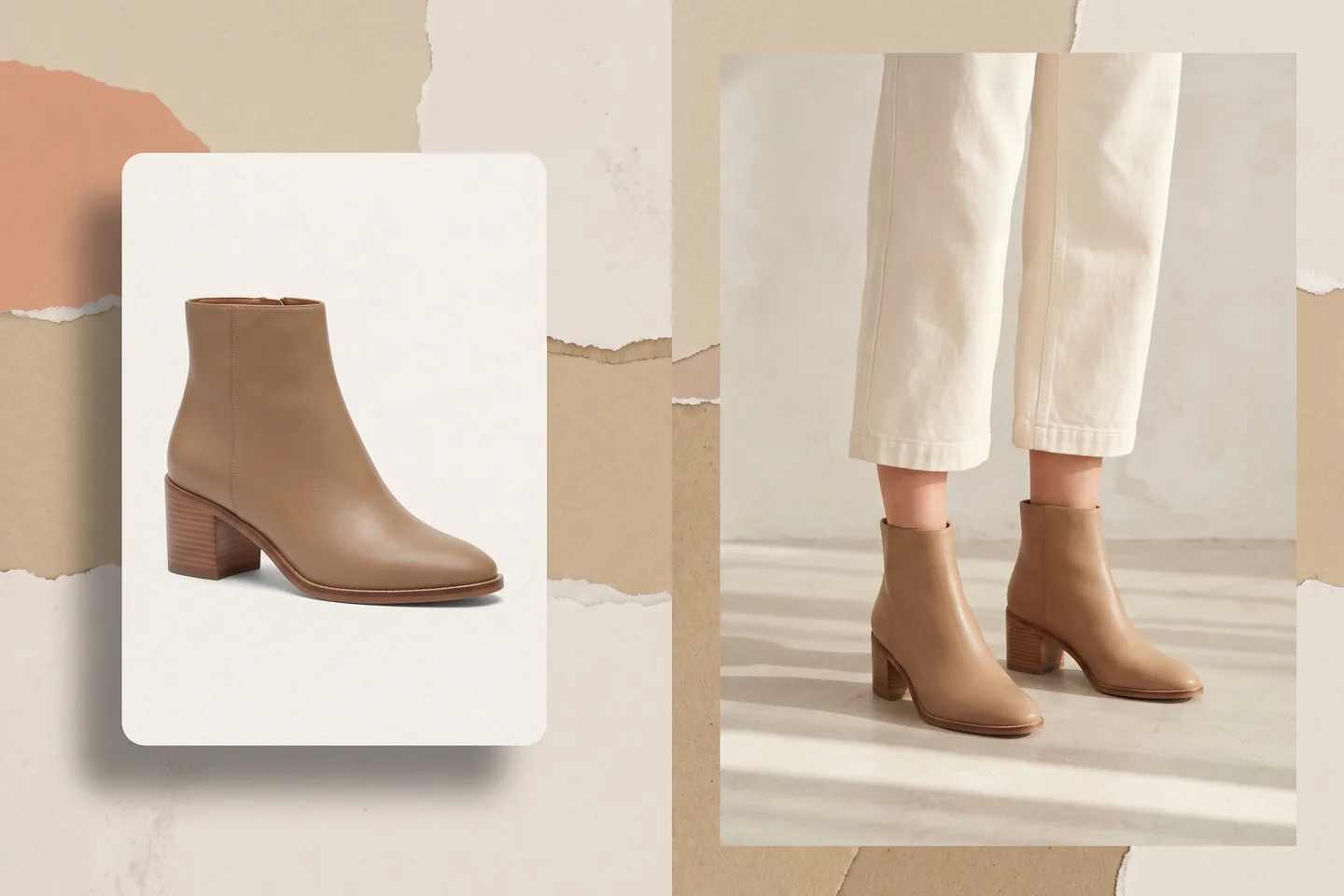 AI model video for footwear: a tan leather ankle boot photographed at a three-quarter angle beside the same pair worn with cropped cream trousers, showing where the boot shaft meets the ankle above a stacked block heel.