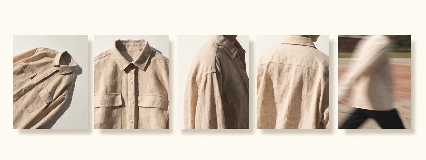 A row of five product media tiles: four still photographs of a beige overshirt from different angles, and a fifth showing the same overshirt worn and in motion.