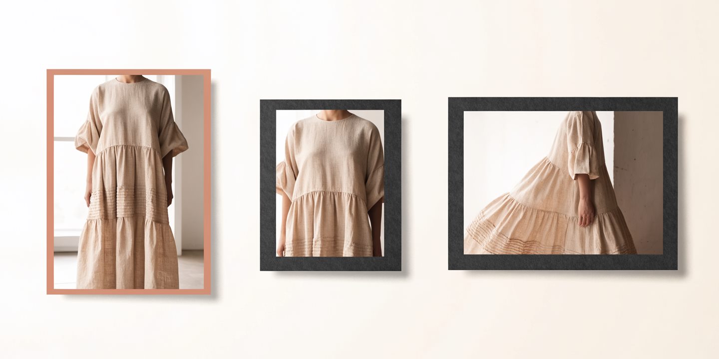 The same beige dress composed three ways: a tall vertical frame, a square frame, and a wide landscape frame, each holding the whole garment in shot.
