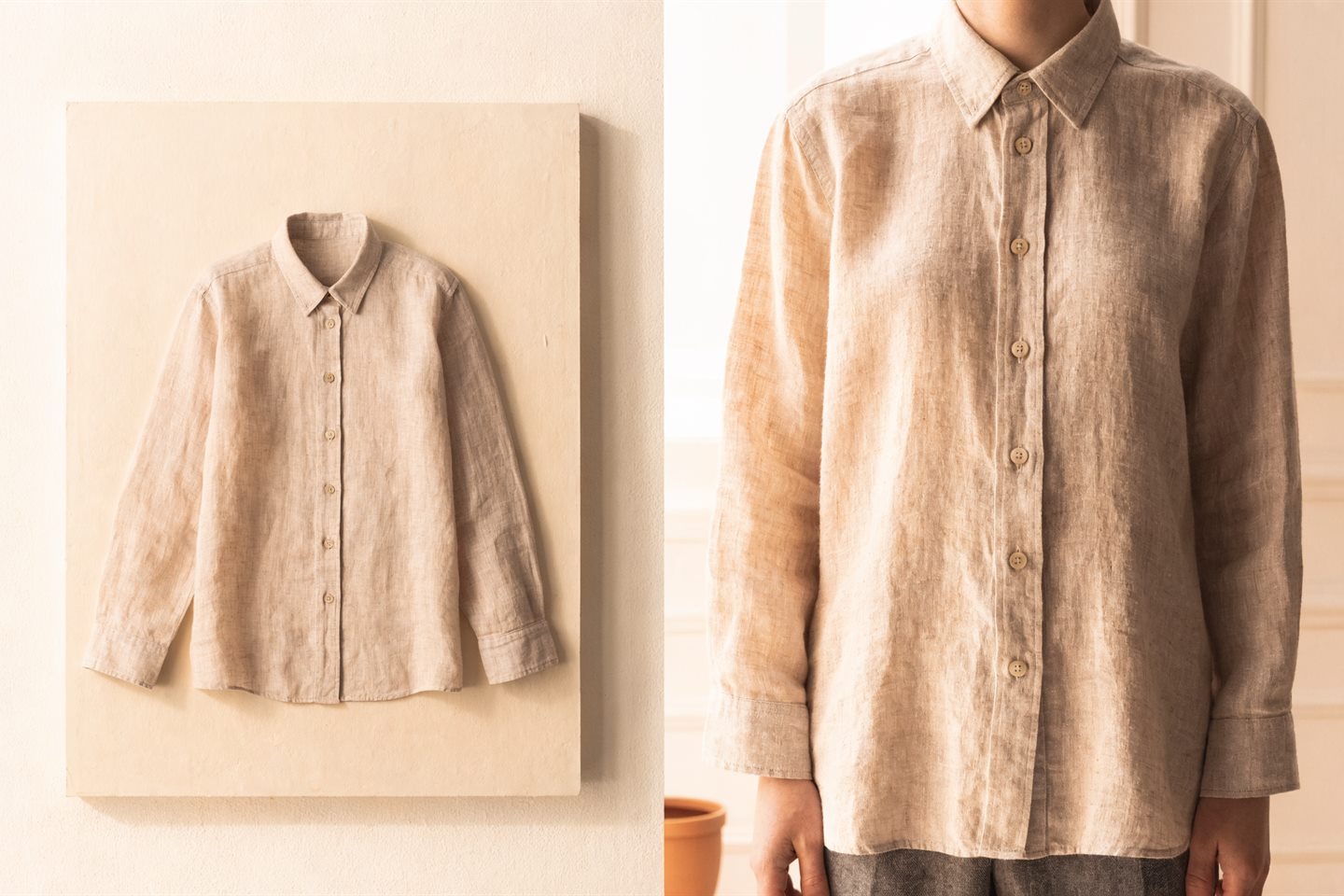 Virtual try-on for Shopify: a beige linen shirt photographed flat on a pale board, and the same shirt shown worn on a body so the drape and the fit are visible.