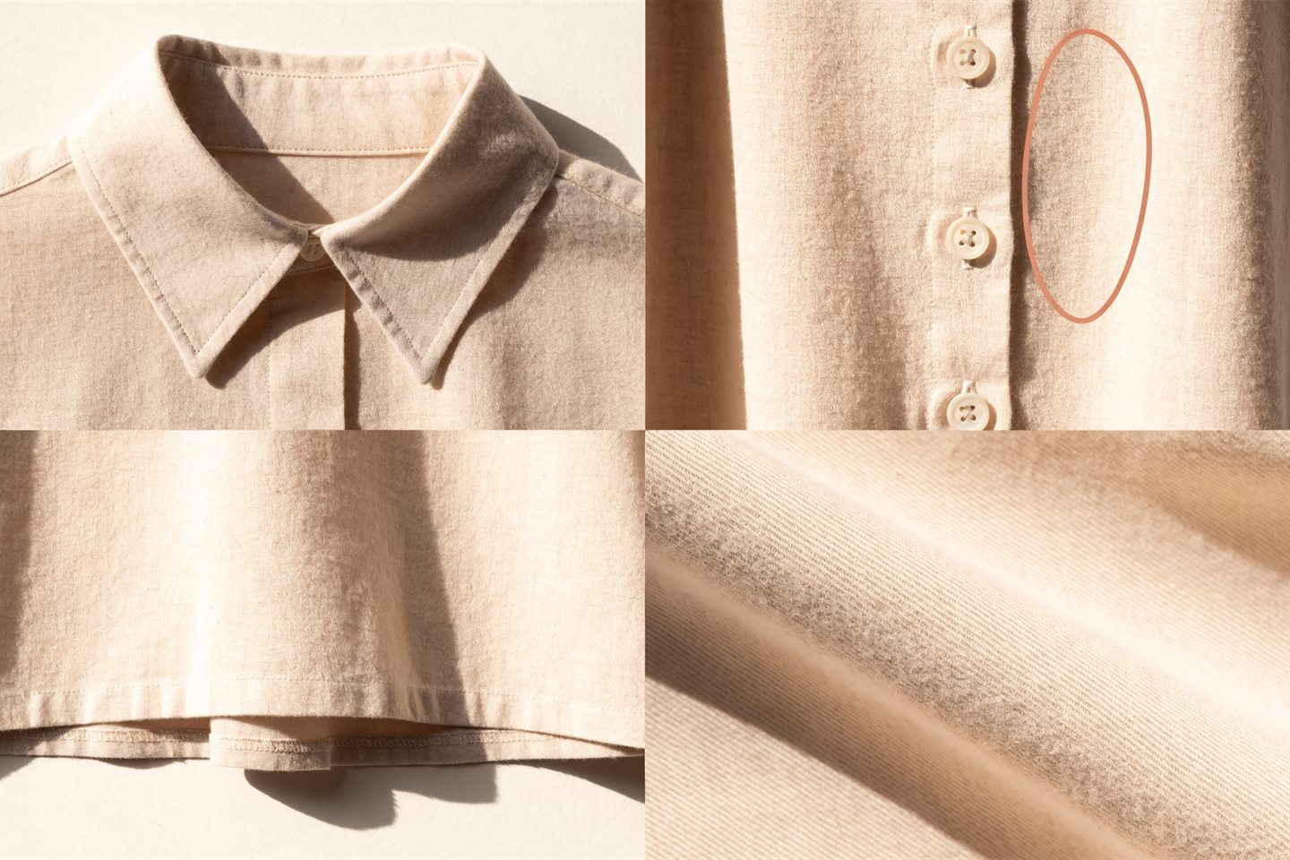 Four close crops of the same cream shirt: the collar, the button placket with a terracotta ellipse marking the spacing, the hem, and the weave of the fabric.