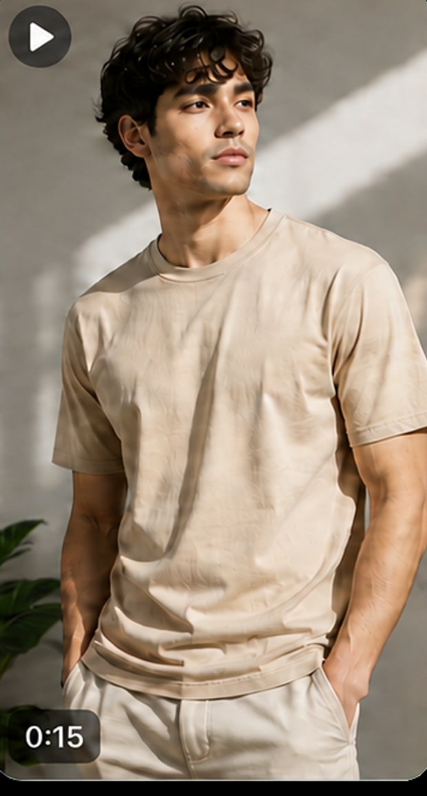 A still frame from a generated video: an AI model wearing the same beige t-shirt in a sunlit interior